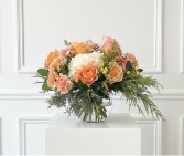 Peach Fizz  Mixed bouquet with peach garden roses, caramel carnations