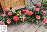 'Peach' Silk Cemetery Vases on Brick w/solar 