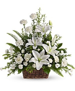 Peaceful White Lilies Basket Funeral Arrangement