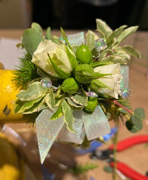 Pearlescent and Green Wristlet  Corsage