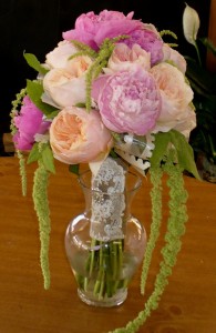 Peonies, Garden Roses & Amaranthus Hand Tied Bouquet in Dayton, OH | ED SMITH FLOWERS & GIFTS INC.