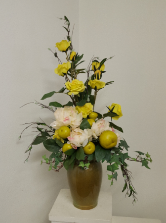 Peonies roses and pears Silk flower arrangement