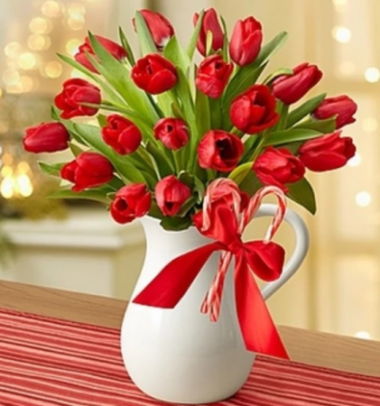 Peppermint Pitcher of Tulips™ - Red Arrangement