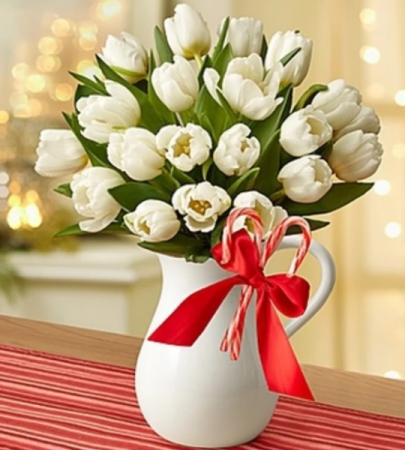Peppermint Pitcher of Tulips™ - White Arrangement