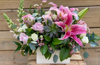 Perfectly Pink Wooden Container Arrangement