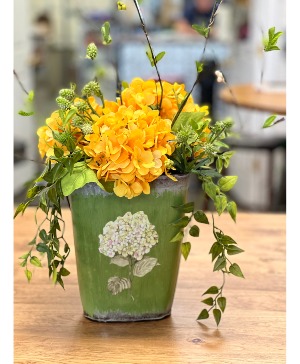 Permanent Hydrangea in keepsake tin Permanent artificial arrangement