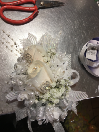 Glitz and Glamore Rose  Corsage INDICATE FLOWER COLOR AND RIBBON COLOR in Ozone Park, NY | Heavenly Florist