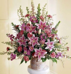 Pink and Lavender funeral basket Arrangement