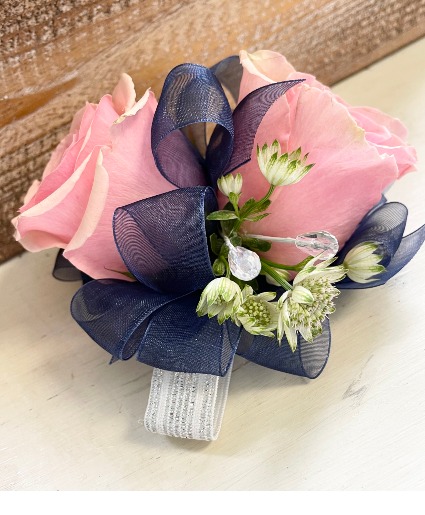 Pink and Navy Wrist Corsage 