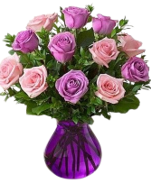 Pink and Purple Roses in Purple Vase fresh floral