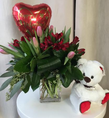 Pink and Red  Vase Arrangement, Balloon and Teddy Bear