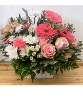 Pink And White Basket Blooms Fresh Arrangement 
