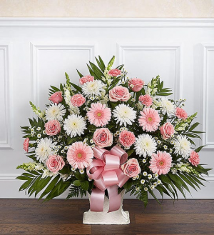 PINK AND WHITE FUNERAL FLOOR BASKET 
