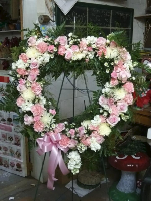 PINK AND WHITE OPEN HEART STANDING SPRAYS & WREATHES