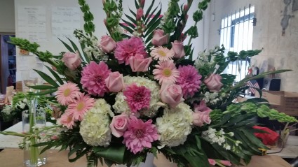 Pink And White Tribute  Funeral basket in shades of Pink and White 