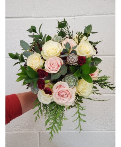 Pink and white with succulents wedding bouquet