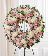 PINK AND WHITE WREATH FUNERAL PIECE WAS $225.00/NOW 155.00