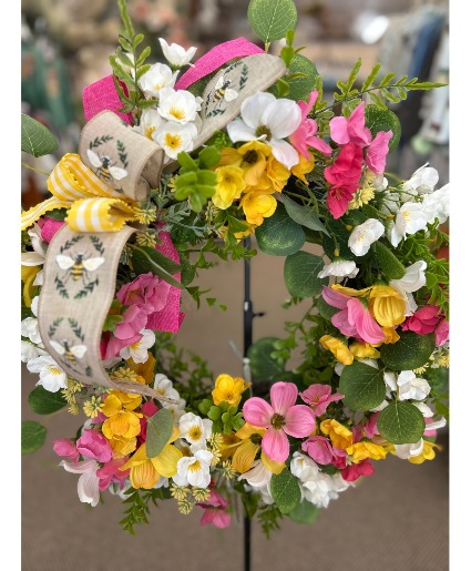 Pink and yellow bee wreath Wreath