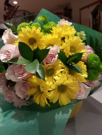 THINKING OF YOU BOUQUET Pink and sunny yellow blooms