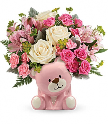 pink bear baby arrangement new baby in Covington, GA | A Bouquet By Betty