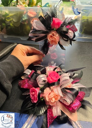 Pink & Blacktown Wrist Corsage & Pocket Bout Silk Ensemble Set