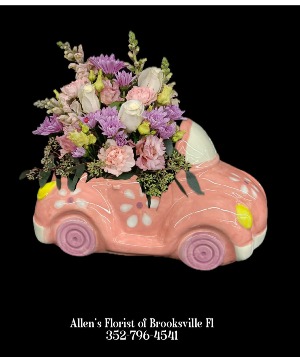 Pink Buggy  Fresh cut flowers in a ceramic container