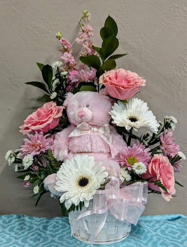 Pink Bundle of Joy  New Baby Girl Arrangement with Teddy in Bend, OR | AUTRY'S 4 SEASONS FLORIST