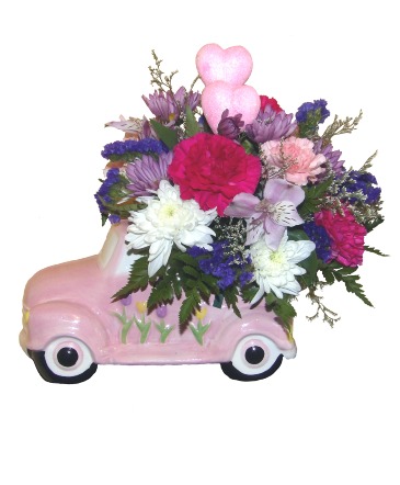 Pink Car load of flowers Valentines in Penn Yan, NY | Garden of Life Flowers
