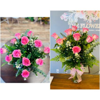 A Dozen Roses in Color Color Options: Light Pink, Medium Pink(shown), Hot Pink, Lavender, or White