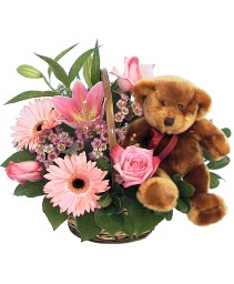 Pink Flowers And Teddy Bear Bouquet