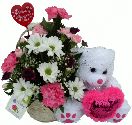 Pink Heart Bear Basket Arrangement
