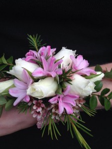 Pink Hyacinth and Spray Roses Wrist Corsage