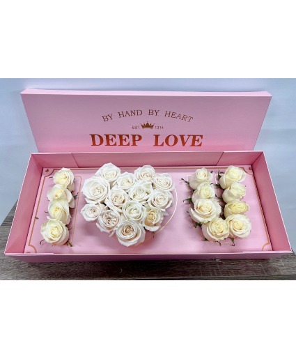 Pink I love you box with white roses rose arrangement