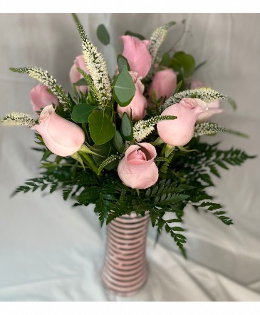 Pink Love Pink roses with white Veronica  in Marietta, GA | OWENS FLOWER SHOP