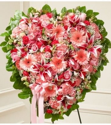 Pink Mixed Flower Heart Standing Spray in Croton On Hudson, NY | Cooke's Little Shoppe Of Flowers
