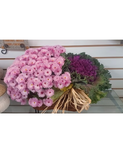 Pink Mum & Ornamental Kale Arrangement Fall Potted Plants Arrangement