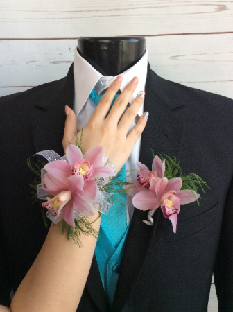 Pink Orchid (2 Bloom) Wrist Corsage & Boutonniere Pair