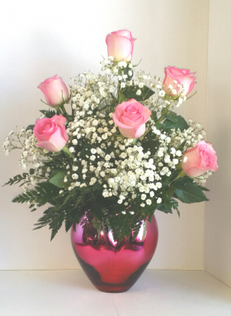 Pink Passion Heart Bouquet 6 Roses Vase Arrangement