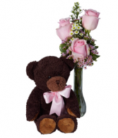 Pink Passion Roses with Bear Vase Arrangement