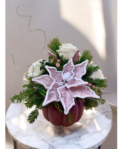 Pink Poinsettia Ceramic Pumpkin (LGOE)