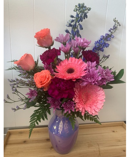 Pink, Purple And Blue Blooms Fresh Arrangement 