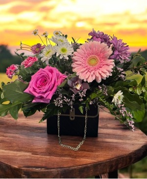 Pink & Purple & White flowers in the purse Purse Arrangement 