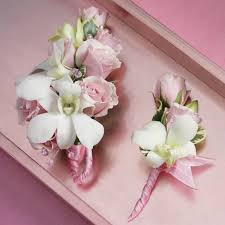 PINK ROSE AND WHITE ORCHID SET CORSAGE AND BOUT SET
