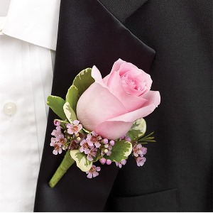 PINK ROSE BOUTONNIERE WTIH WAXFLOWER 