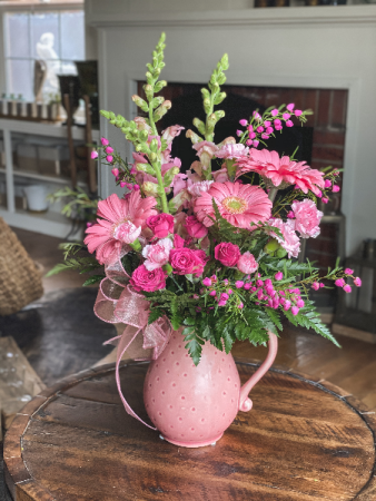 Pink Gerbera Daisy Pitcher Arrangement Mother's Day