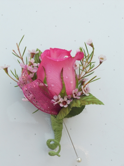 Pink Rose with Pink Ribbon and Wax Flower  