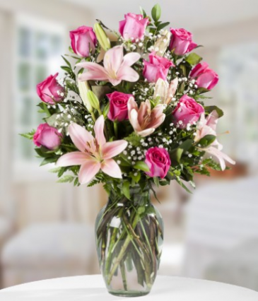 Pink Roses and lilies Vase