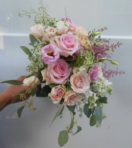 PINK ROSES , ASTILBE, LISIANTHUS,STOCK  WEDDING BOUQUET
