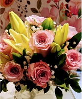 PINK ROSES & WHITE LILIES Hand tied bouquet
