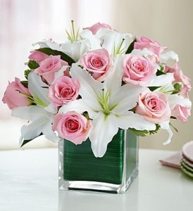 Pink roses with white lilies in cube glass **ORDER NOW **